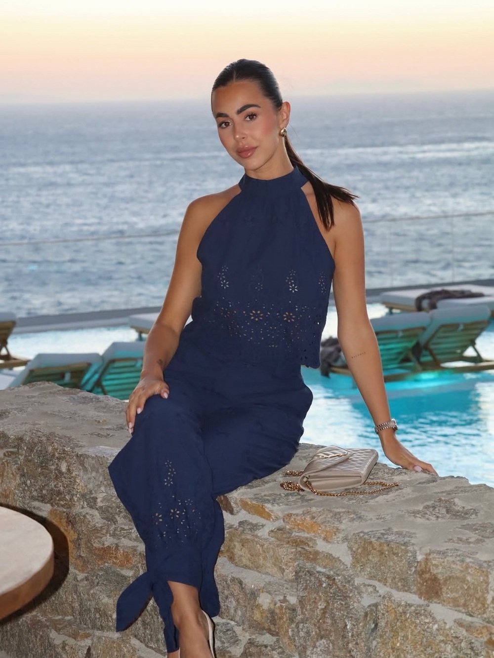 COMMENSE Eyelet Embroidered Cotton Halter Top & Tie-Cuff Pants Set Navy Sm NWT - Picture 2 of 15